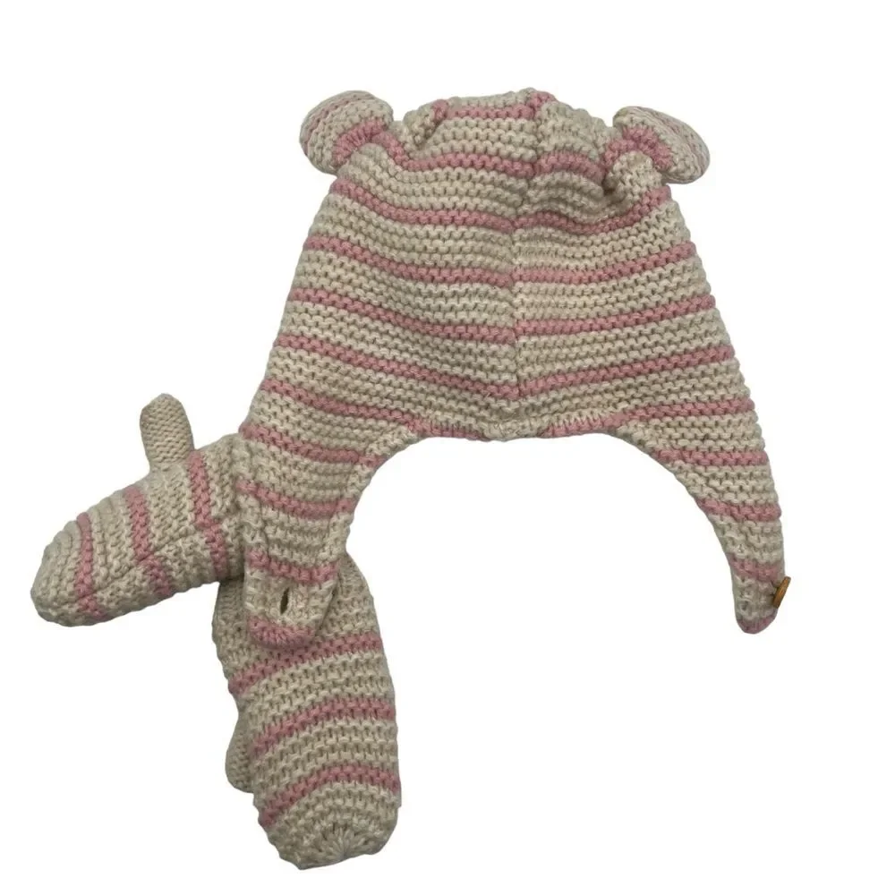 Baby Boden Knitted Beanie and Mittens Striped Hat, Size 12-24 Months, Pink/Beige